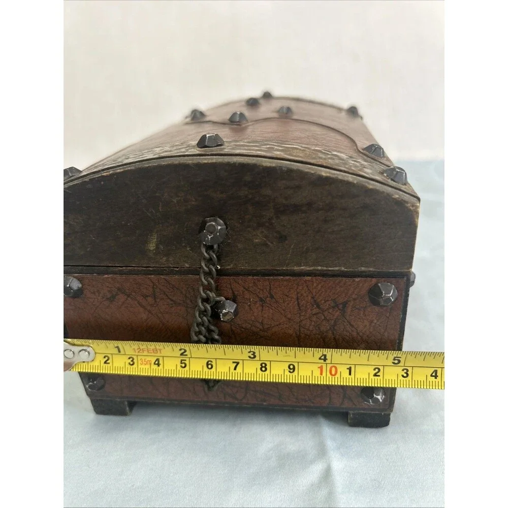 Vintage Wood Leather Metal Pirate Treasure Chest Jewelry Box